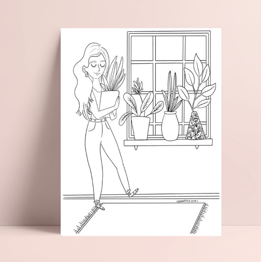 Printable Girl and her Plants Coloring Page