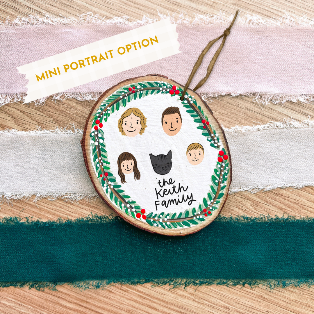 Custom Painted Holiday Wreath Wood Slice Ornament