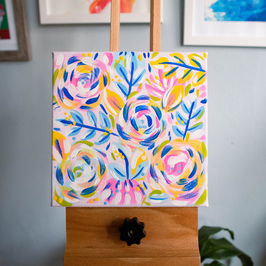 Mini Pink + Blue Florals 6 x 6 Canvas Painting