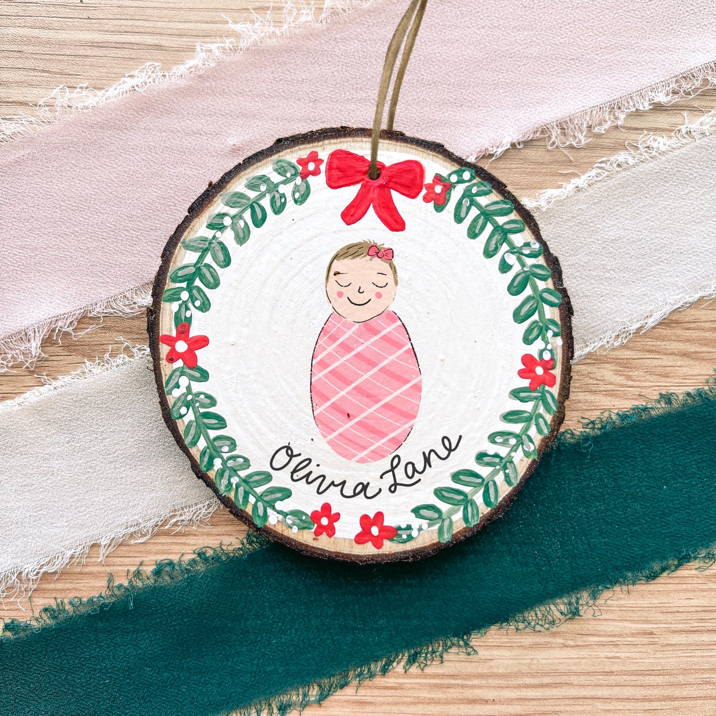 Custom Painted Christmas Foliage Wood Slice Ornament