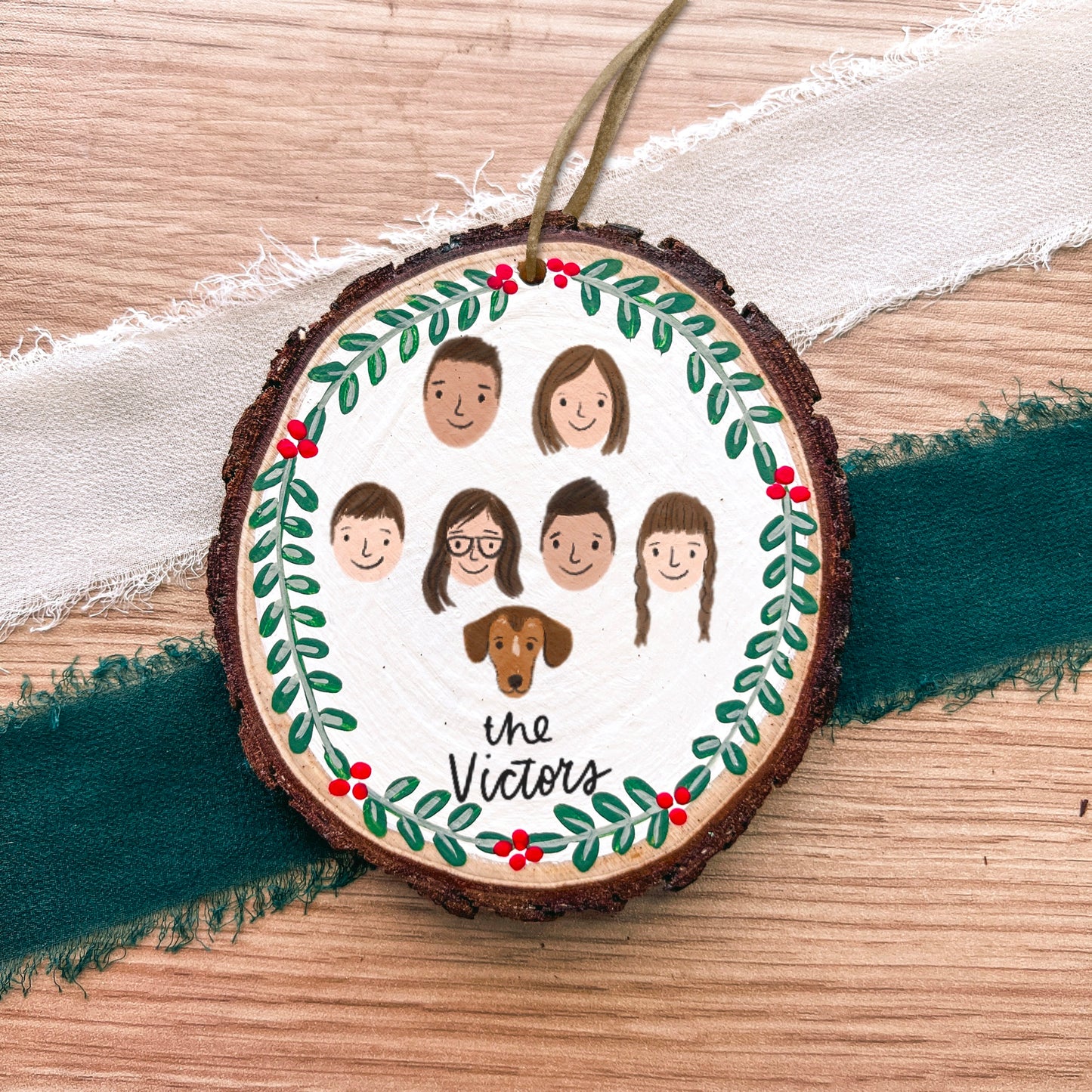Custom Painted Christmas Wreath Wood Slice Ornament