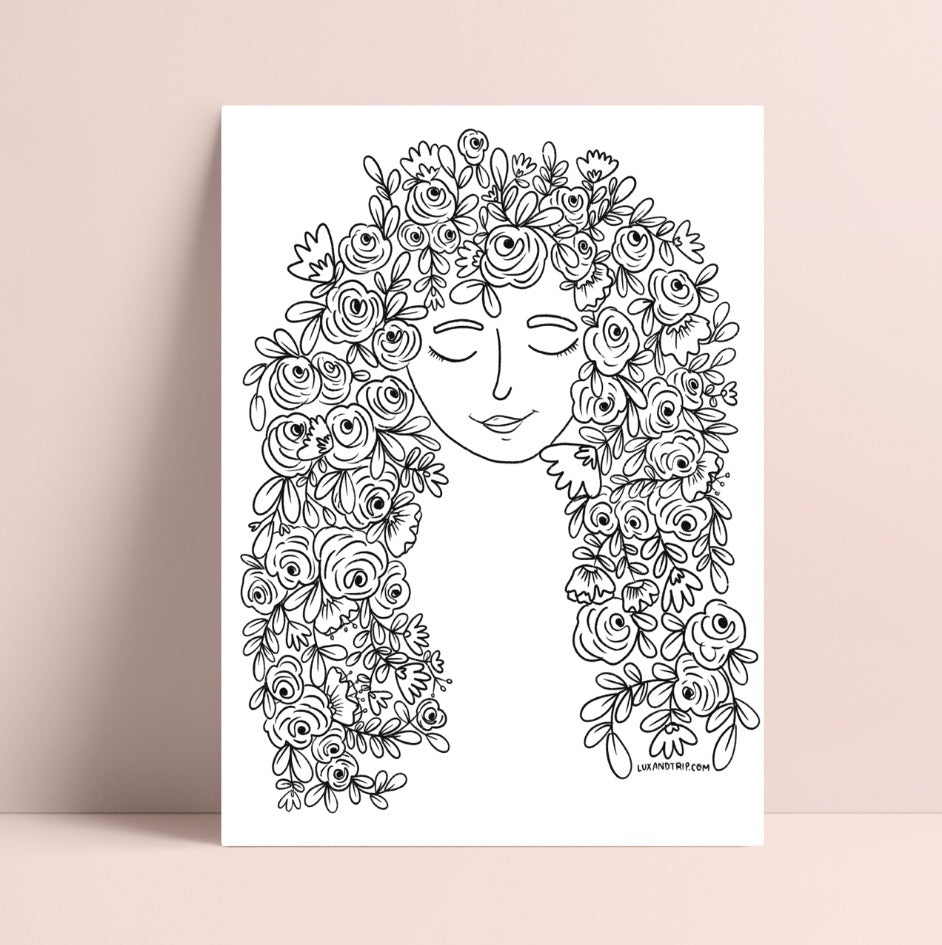Printable Floral Hair Coloring Page